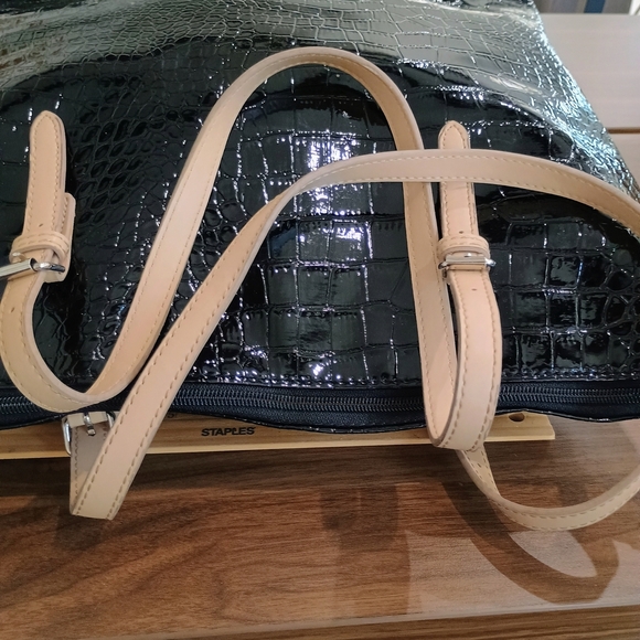 Attention Black Croc-Embossed Tote with Cream Straps - Picture 3 of 7